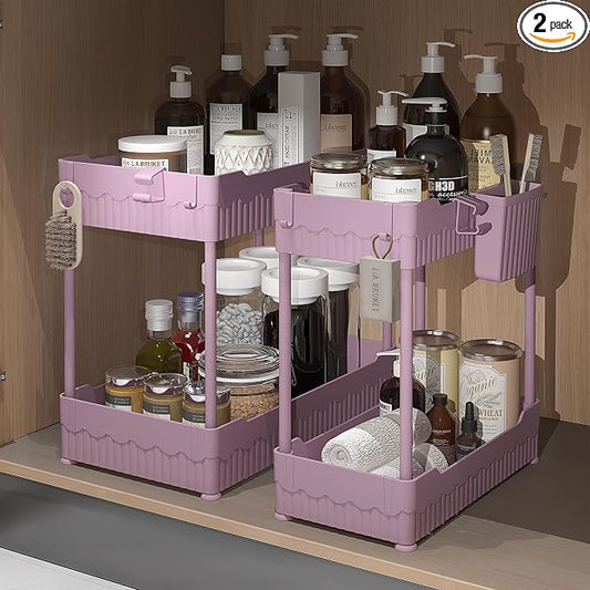 Sevenblue 2 Pack Under Sink Organizer, Under Bathroom Cabinet Organizer with Hooks Hanging Cup, Multi-Purpose Storage Shelf for Kitchen Bathroom (Pink, 14.8 Inch)