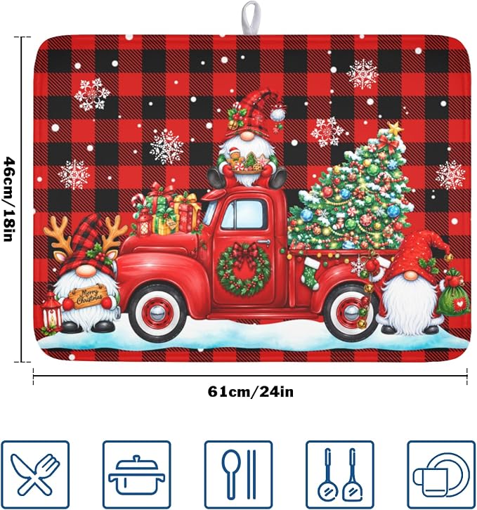 Christmas Dish Drying Mat for Kitchen Counter Xmas Gnome Truck Red Black Buffalo Plaid Dish Drainer Mat Rustic Farmhouse Holiday Absorbent Washable Drying Pad 18"x24"