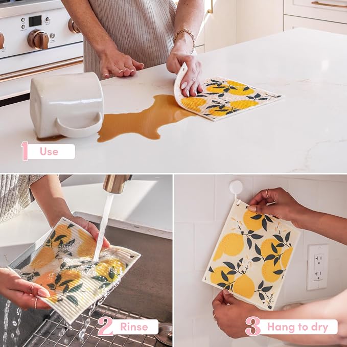 Papaya Swedish Dishcloths for Kitchen, 2 Reusable Paper Towels, 1 Hook