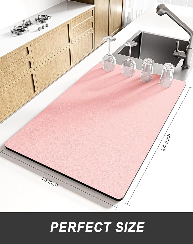Rnivvi Dish Drying Mat for Kitchen Counter, XL 15 x 24" Super Absorbent Drainer Pad Easy Clean Dish Rack Pad, Non-Slip Heat Resistant Coffee Bar Mat for Coffee Machine Station Accessories Decor, Pink