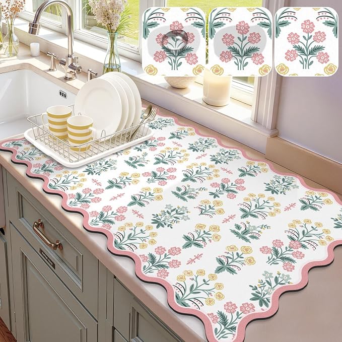 LOKHOM Scalloped Floral Dish Drying Mat, 17"x32" Super Absorbent Coffee Mat with Unique Pink Pastoral Floral, Cuttable Hide Stain Non-slip Drying Mat for Kitchen Counter Coffee Maker Espresso Machine