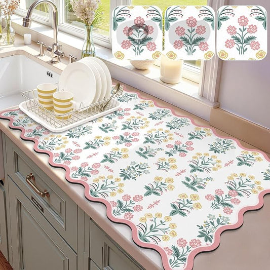 LOKHOM Scalloped Floral Dish Drying Mat, 17"x32" Super Absorbent Coffee Mat with Unique Pink Pastoral Floral, Cuttable Hide Stain Non-slip Drying Mat for Kitchen Counter Coffee Maker Espresso Machine