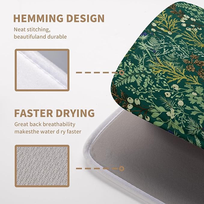 Dark Green Plant Dish Drying Mat for Kitchen Counter Vintage Botanical Floral Leaf Dishes Drying Mat Absorbent Microfiber Dish Draining Pad Washable Large Dish Drainer Rack Mats 18x24 Inch