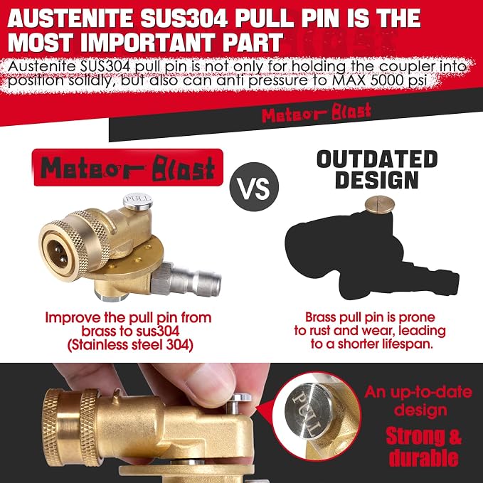 Meteor Blast Pivoting Coupler with 8 pressure washer nozzle tips 2.5gpm, 270 Degree with 7 Angles, heavy duty design and Stainless Steel Lock, Clean Hard to Reach Area, 5000PSI