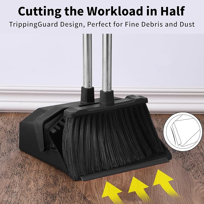 Tiumso 3-Pack Upright Broom with Dustpan Combo Set, Commercial Broom and Dustpan Set, Industrial Brooms and Dust Pan with Long Handle for Restaurant Kitchen Shop Warehouse Lobby Garage - Black