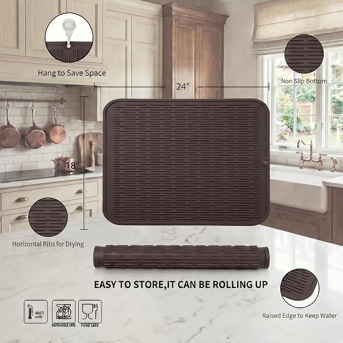 MicoYang Silicone Dish Drying Mat for Multiple Usage,Easy clean,Eco-friendly,Heat-resistant Silicone Mat for Kitchen Counter or Sink,Refrigerator or Drawer Liner Coffee 2XL 24 inches x 18 inches