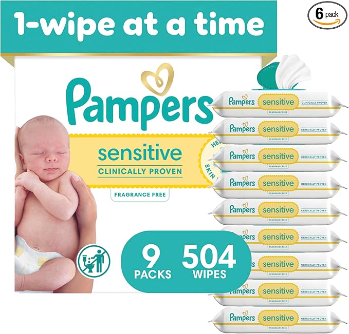 Pampers Sensitive Baby Wipes, Clinically Proven, Fragrance Free, Unscented, Water Based, Hypoallergenic, Multi-Use, Hand Wipes 504 Wipes Total (6X Flip-Top Packs) [Packaging May Vary]