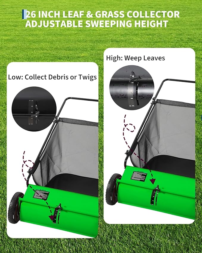 Push Lawn Sweeper for Leaves, 26" Width Heavy Duty Steel Frame Grass Catcher with 7 Cu. Ft. Hopper Bag & 4 Spinning Brushes for Yard and Garden Cleanup, Green