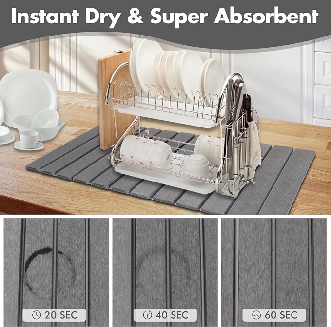 Extra Large Stone Dish Drying Mat for Kitchen Counter, 28"×16" Eco-friendly,Instant Drying Pad,Diatomaceous Earth Water Absorbing Mat, Foldable and Super Absorbent Dish Drying Stone Mat, Dark Gray