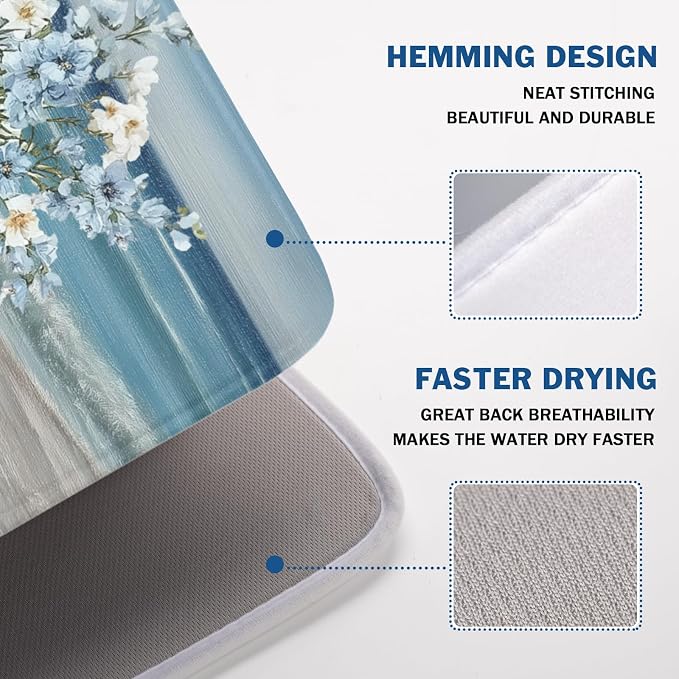 Summer Beach Dish Drying Mat for Kitchen Counter Nautical Coastal Blue Ocean Vase Floral Seashells Microfiber Dish Drainer Mat Absorbent Washable Drying Pad 18"x24"