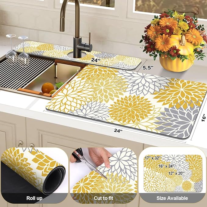 Findosom 2PCS 16" x 24" Fall Dish Drying Mat & 24" x 5.5" Sink Splash Guard, Super Absorbent & Cuttable Dish Mat Drying Kitchen Mat with Yellow Floral, Hide Stain Drying Mat for Kitchen Counter