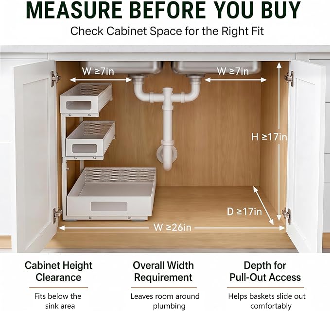 3 Tier Under Sink Organizer,2 Pack Pull Out Cabinet Shelves with Adjustable Height,Heavy Duty Carbon Steel L-Shaped Storage for Kitchen Bathroom Sink,Pantry & Laundry,White