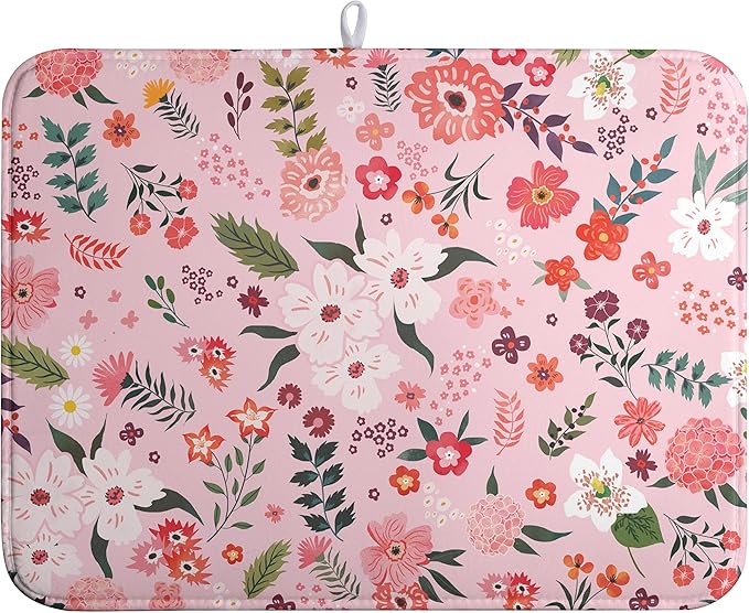 Pink Floral Dish Drying Mat for Kitchen Counter Cute Flower Print Dish Rack Mats Absorbent Microfiber Dish Draining Mat Reusable Washable Large Drainer Pad 18x24 Inch
