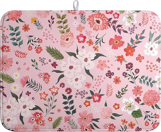 Pink Floral Dish Drying Mat for Kitchen Counter Cute Flower Print Dish Rack Mats Absorbent Microfiber Dish Draining Mat Reusable Washable Large Drainer Pad 18x24 Inch
