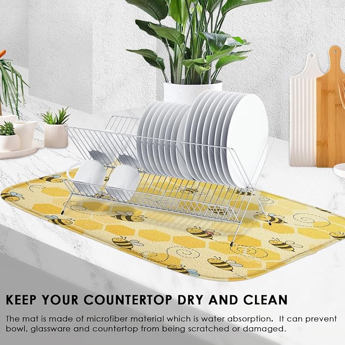 Sanwarm Absorbent Dish Drying Mat, Honey Baby Cute Yellow Bees Microfiber Pad for Kitchen Counter, Coffee Bar Decor, Heat Resistant and Reversible, 18" x 24"