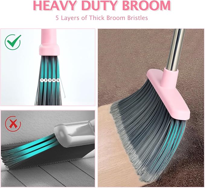 2-Pack Broom and Dustpan Combo Set,51" Long Handle,Grey Pink | Standing Dustpan, Heavy Dust,House Accessories for Home, Kitchen, Office, Pet Hair