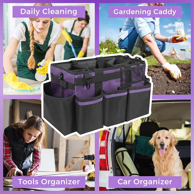 SCAVATA Wearable Cleaning Caddy, Cleaning Caddy Supplies Organizer with Handle & Shoulder Straps for Housekeepers, Under Sink & Car Cleaning Tool Organizers Bag with 4 Foldable Divider (Purple)