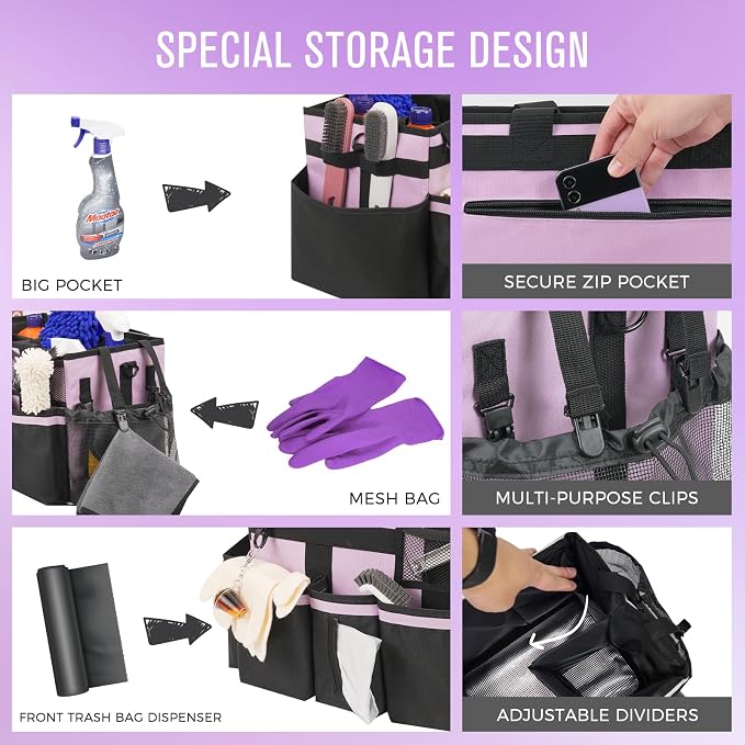 SCAVATA Wearable Cleaning Caddy, Cleaning Caddy Supplies Organizer with Handle & Shoulder Straps for Housekeepers, Under Sink & Car Cleaning Tool Organizers Bag with 4 Foldable Divider (Lilac)