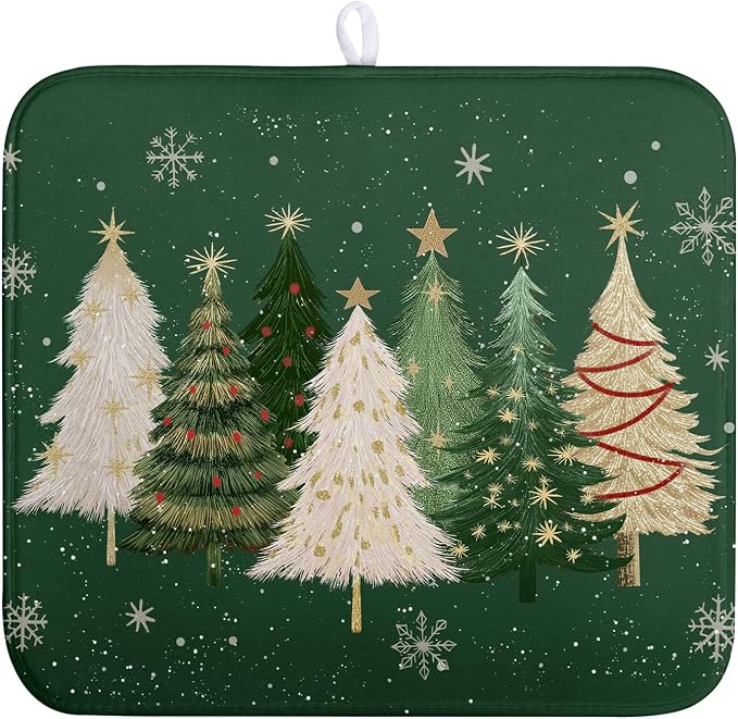 Green Christmas Tree Snowflakes Dish Drying Mat for Kitchen Counter 16x18 Inch Winter Xmas Holiday Dish Rack Mat Absorbent Microfiber Dish Draining Mat Reversible Drainer Pad