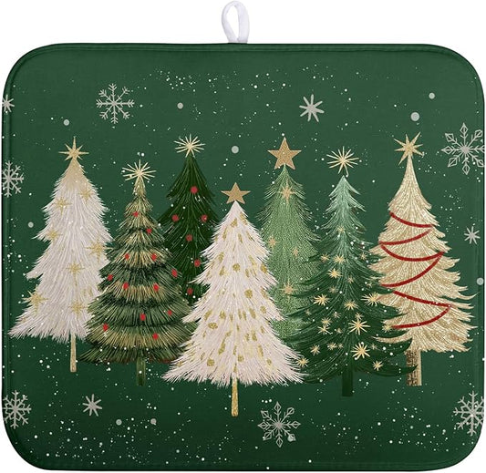 Green Christmas Tree Snowflakes Dish Drying Mat for Kitchen Counter 16x18 Inch Winter Xmas Holiday Dish Rack Mat Absorbent Microfiber Dish Draining Mat Reversible Drainer Pad