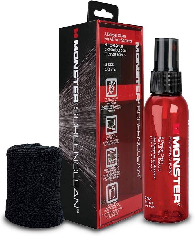 Monster Screen Cleaner Kit with Microfiber Cloth, 60 mL Screen Cleaner Spray for TVs, Monitors, Laptops, Tablets, Smartphones, Eyeglasses, LCD LED OLED Display Cleaner