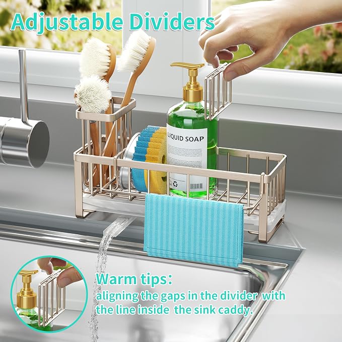 HapiRm Sponge Holder for Kitchen Sink - Self-draining Sink Caddy with Brush Holder and Dishcloth Holder, Stainless Steel Kitchen Organizer for Countertop - Brushed Nickel