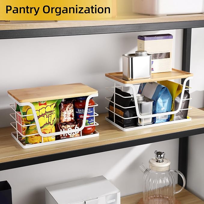 ALOCEO 2 Pack Potato and Onion Storage Bins, Large Trash Bag Holder Under Sink with Bamboo Top, Stainless Steel Pantry Organizers Storage, Kitchen Counter, White