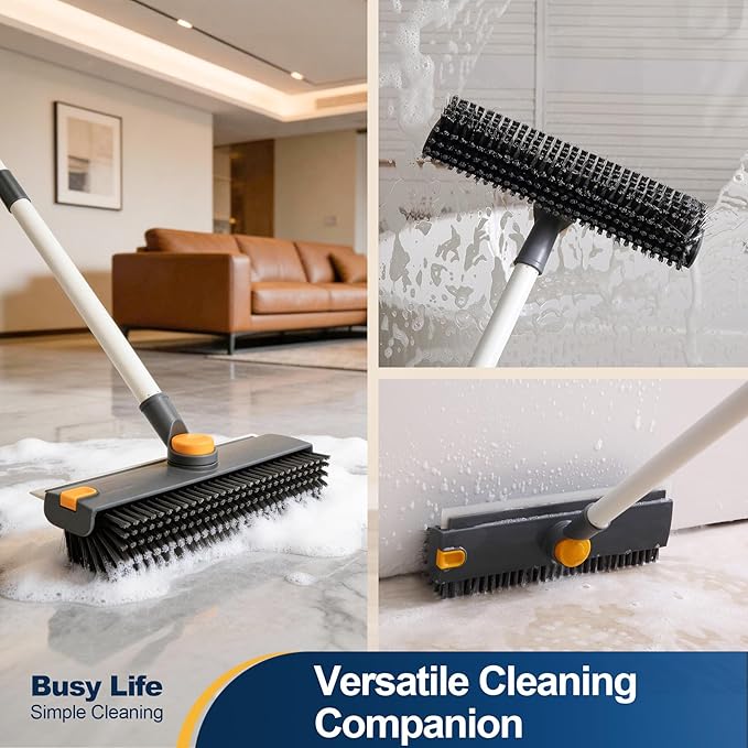 Yocada Floor Scrub Brush 3 in 1 Dual-Sided Stiff Bristle Scrubber Brush | with Scrape Squeegee Indoor&Outdoor for Cleaning Bathroom Kitchen Patio Pool Garage Wall Deck 53.9"