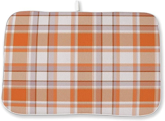 Fall Dish Drying Mat 18x24 Inch Burnt Orange Buffalo Plaid Drying Mat Autumn Checkered Harvest Thanksgiving Holiday Absorbent Dish Drying Pad Dish Rack Drainer Mats for Kitchen Dining Counter