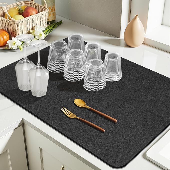 Findosom Dish Drying Mat, 12"x 20" Super Absorbent & Hide Stain Coffee Mat, Cuttable Drying Mat for Kitchen Counter, Coffee Bar Accessories, Under Dish Rack, Coffee Maker, Espresso Machine, Black-2