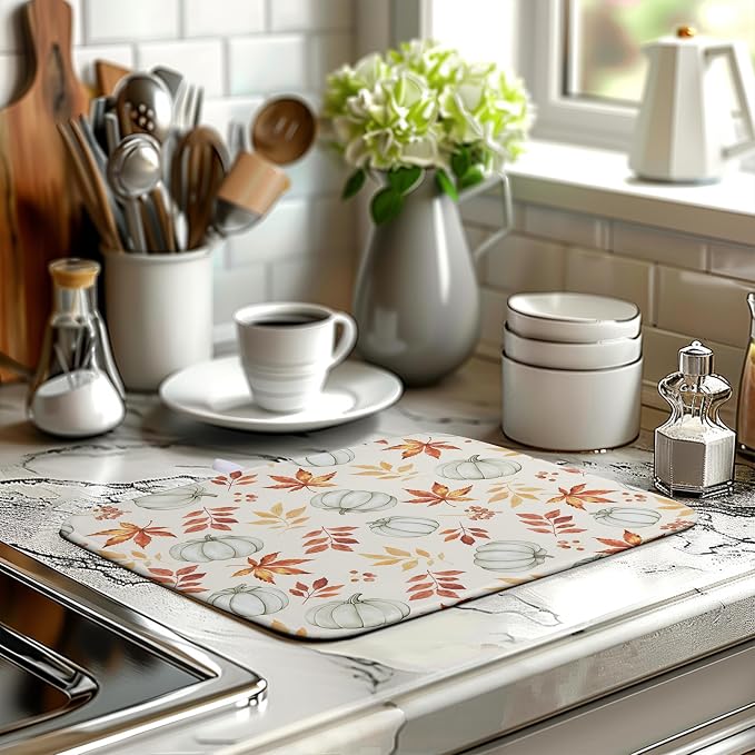 Fall Orange Maple Leaf Pumpkin Dish Drying Mat for Kitchen Counter Seasonal Autumn Thanksgiving Harvest Drying Mats Absorbent Microfiber Dishes Drainer Pad Holiday Dish Rack Mat 16x18 Inch