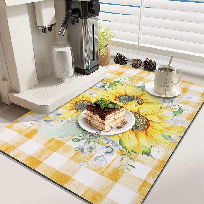 LOKHOM Dish Drying Mat for Kitchen Counter, 18"x24" Absorbent Coffee Bar Mat with Sunflowers, Vintage Floral Dish Drainer Rack Mat for Decoration