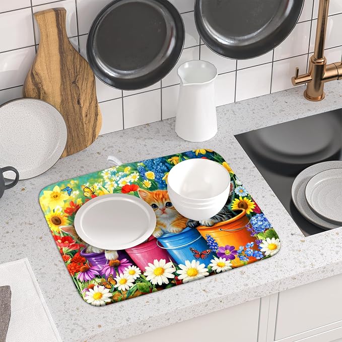 Funny Absorbent Dish Drying Mat Spring Cat Dish Drying Mats for Kitchen Counter Small