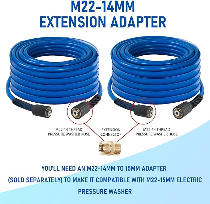 Hourleey Pressure Washer Hose 100 FT, 3600 PSI Flexible Kink Resistant Power Washer Hose Replacement, 1/4" Quick Connect Pressure Hose Extension With Leak-Free M22 x 3/8", Blue