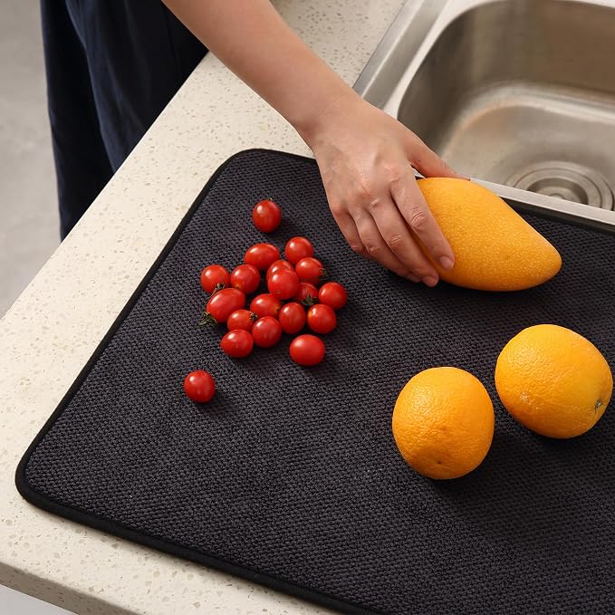 2 Pack Microfiber Dish Drying Mat for Kitchen Counter,Ultra Absorbent Dish Drainer Mat ,Dish Drying Pad , Dish Rack Mat 20×15 Inch (Black)