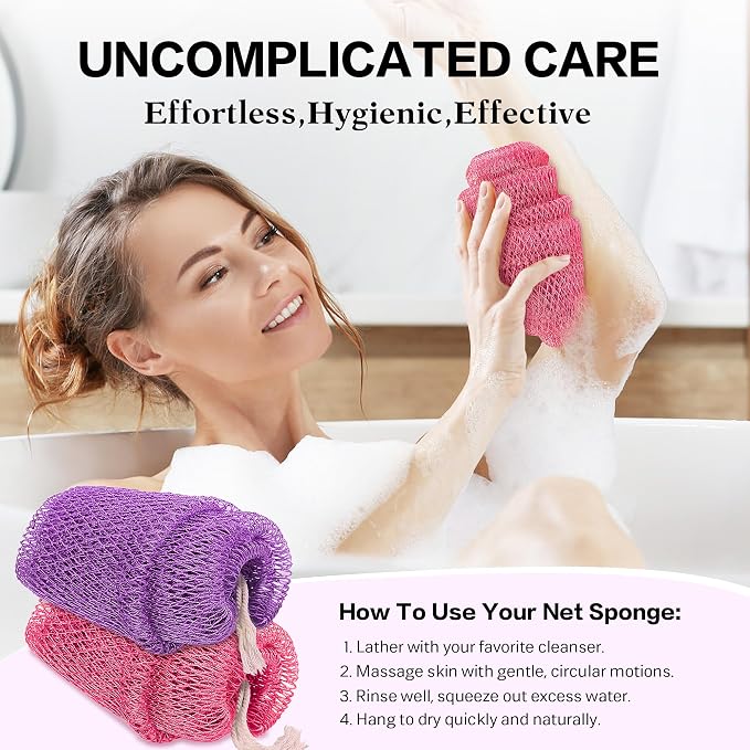 UJFQBH African Net Sponge Authentic 2-Pieces Exfoliating Body Scrubber for Shower & Bath, Deep Cleansing Lather for Dead Skin Removal, Back Scrubber for Women & Men (Pink 、Purple