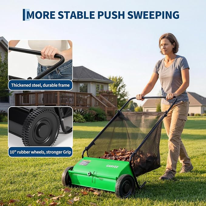 Garvee Push Lawn Sweeper, 26" Leaf & Grass Collector with 7Cu.ft Hopper Bag | Heavy Duty Yard Sweeper with Clear Dust Cover & Large Collection Bag for Leaves, Grass Clippings, for Lawn Yard Cleanup