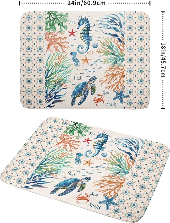 Giwawa Nautical Coastal Dish Drying Mat Sea Turtle Seahorse Dish Drainer Pad 18"x24" Microfiber Reversible Fast Dry Pad for Kitchen Counter Decor