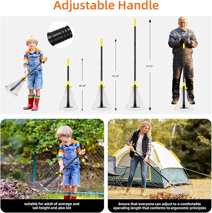Byhargen Adjustable Metal Leaf Rake, Heavy Duty Garden Rake with Wide & Narrow Modes, Rustproof Steel Head, Adjustable Handle for Lawn Care, Yard Clean Up, and Mulch Spreading