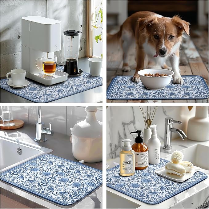 Blue Floral Dish Drying Mat for Kitchen Counter Boho Flowers Dishes Drainer Mats Rustic Farmhouse Microfiber Absorbent Dish Draining Spring Summer Reversible Dish Rack Pad 16x18 Inch