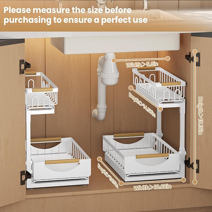 Under Sink Organizer and Storage for Bathroom and Kitchen - 2 Pack 2 Tier Under Cabinet Pull Out Shelf Organizers - Slide Out Drawer Organization for Home Cabinets Shelves and Drawers
