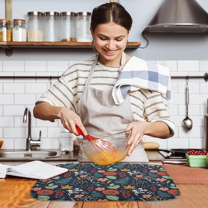 Sanwarm Absorbent Dish Drying Mat, All Lace Colorful Flowers Ornaments Microfiber Pad for Kitchen Counter, Coffee Bar Decor, Heat Resistant and Reversible, 18" x 24"