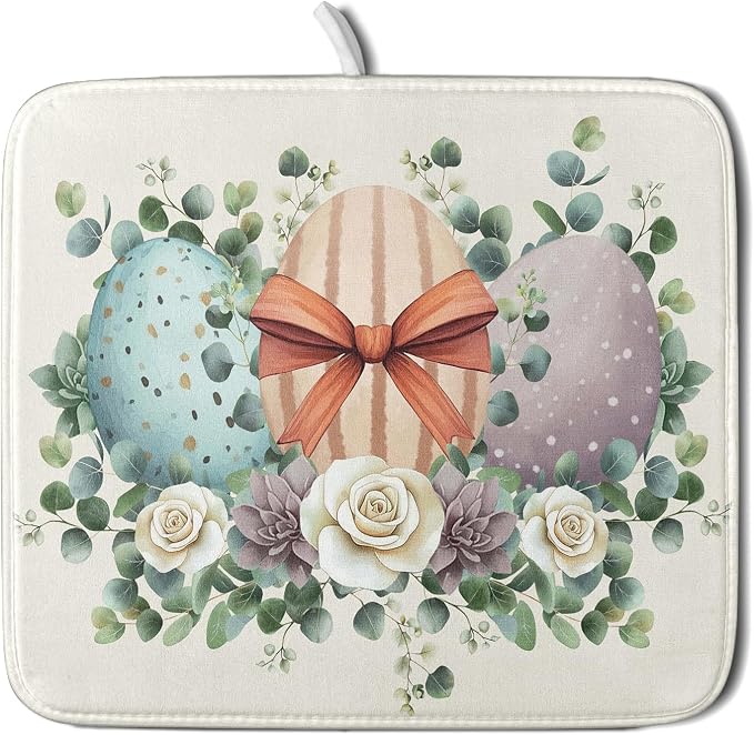 Happy Easter Eggs Dish Drying Mat 16x18 Inch Easter Day Eggs Flowers Dishes Pad Dish Drainer Rack Mats Absorbent Fast Dry Kitchen Accessories Spring Easter Holiday Drying Mat for Countertop Tableware