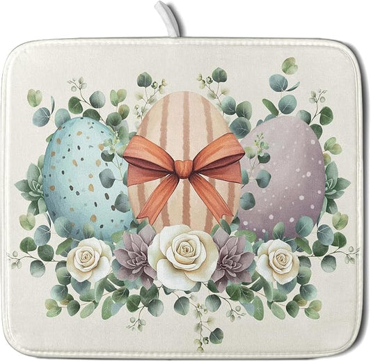 Happy Easter Eggs Dish Drying Mat 16x18 Inch Easter Day Eggs Flowers Dishes Pad Dish Drainer Rack Mats Absorbent Fast Dry Kitchen Accessories Spring Easter Holiday Drying Mat for Countertop Tableware