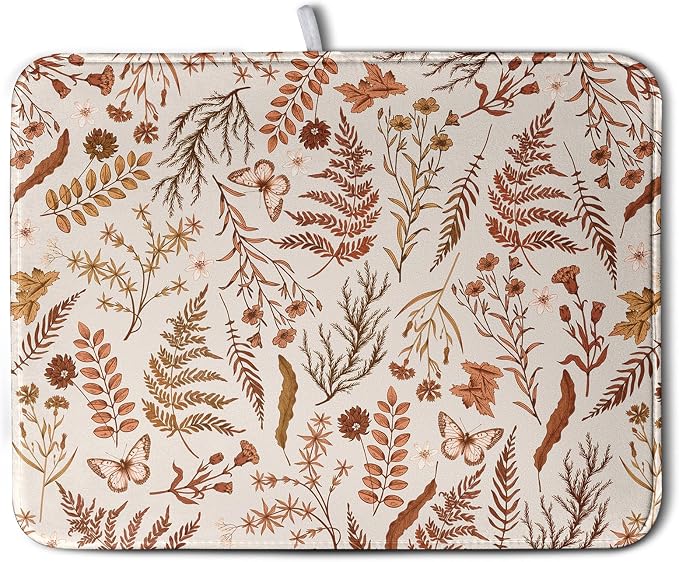 Burnt Orange Fall Floral Dish Drying Mat Autumn Wildflower Absorbent Microfiber Kitchen Counter Mat Rustic Vintage Herb Plant Dish Drying Pad Washable Dishes Drainer Mats Extra Large 18"x24"