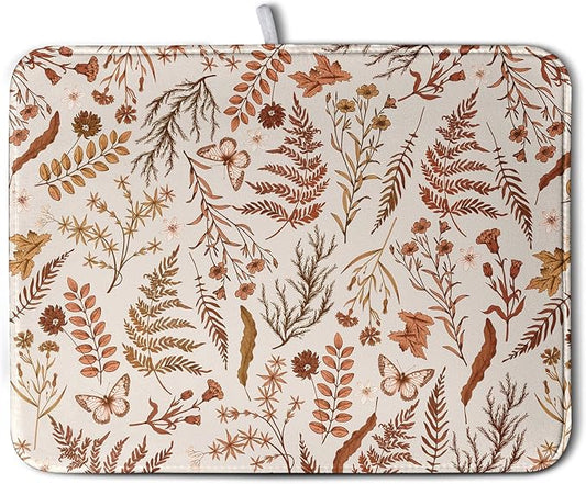 Burnt Orange Fall Floral Dish Drying Mat Autumn Wildflower Absorbent Microfiber Kitchen Counter Mat Rustic Vintage Herb Plant Dish Drying Pad Washable Dishes Drainer Mats Extra Large 18"x24"