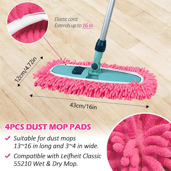 4PCS 13''~16'' Microfiber Dust Mop Pads Compatible with Leifheit 55210 | Reusable Mop Refills,Replacent Wet Mopping Pad & Washable Dry Sweeping Cloths for Hardwood Floor/Tile/Marble Cleaning