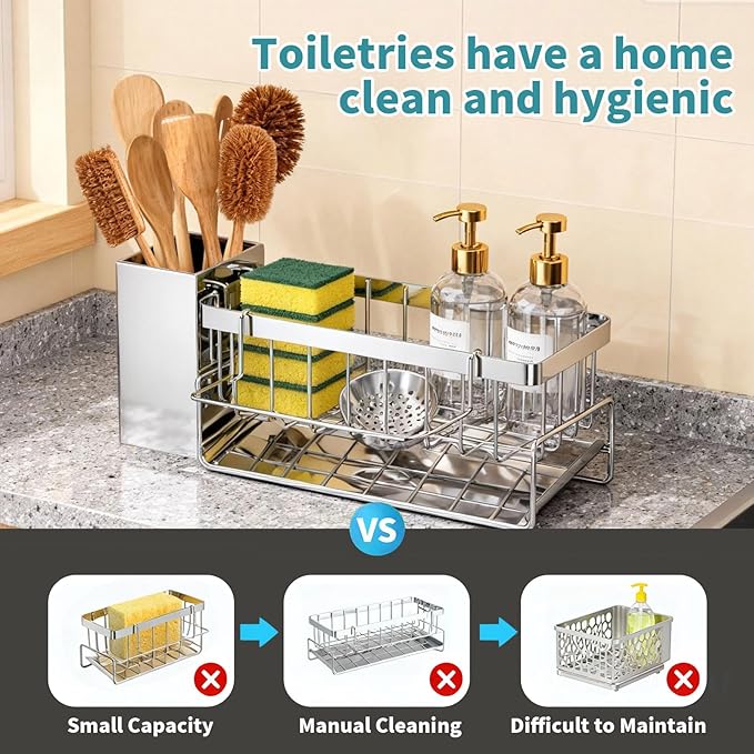 HoMaNa Sponge Holder for Kitchen Sink, Stainless Steel Sink Caddy Organizer, 30° Tilt Self-Drainage, Sponge Holder with Dish Brush Holder, Removable Dishcloth Rack for Kitchen Storage Box, Silver
