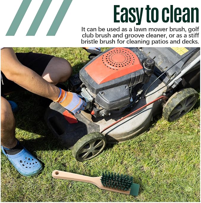 CroBlissful 2 Pcs Heavy Duty Scrubbing Brush Stiff Bristle Brush with Wood Handle and Scraper for Lawn Mower Deck Scraper Cleaning Outdoor Boot Scrub Brushes