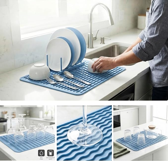 MicoYang Silicone Dish Drying Mat — Quick-Dry Ridges Counter & Sink Pad, Heat-Resistant Trivet to 450°F, Non-Slip & Dishwasher Safe, Roll-Up Storage, 18 Colors & 9 Sizes (Light Blue, 16"×12")